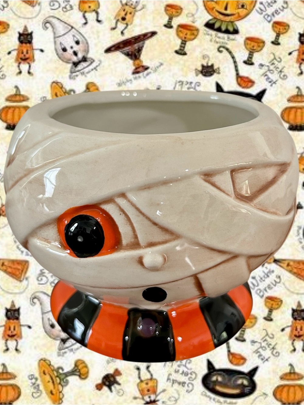 Johanna Parker Halloween Mummy Ceramic Dish - Cream and Orange Decorative Dish